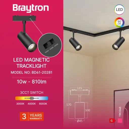 Σποτ Led Μαγνητικής Ράγας Ultra Slim 10W 3CCT Μαύρο Braytron BD61-20281BR