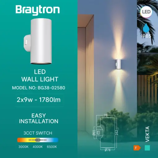 Απλίκα Vekta 2x9w IP65 1780lm 3CCT IP65 Braytron BG38-02580BR