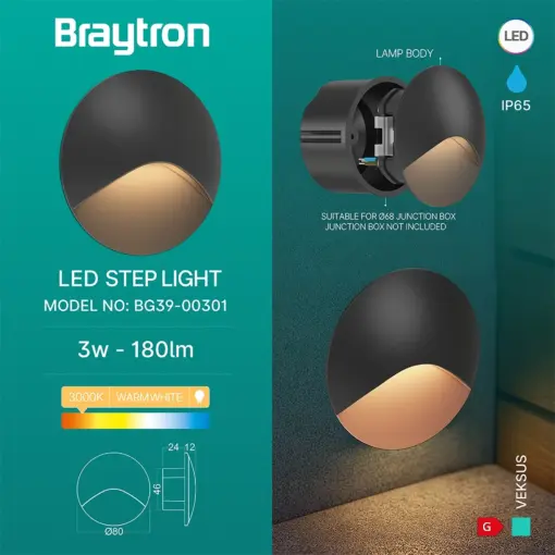 Απλίκα χωνευτή “Veksus” IP65 3000k 180lm Μαύρη Braytron BG39-00301BR