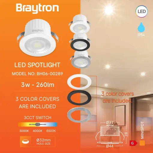 Μινι σποτ led 3w 38° 3CCT IP54 Braytron BH06-00289BR