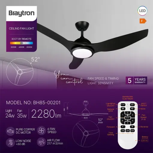 Ανεμιστήρας οροφής 35w + 24w 3CCT 2280lm με control Μαύρος Braytron BH85-00201BR
