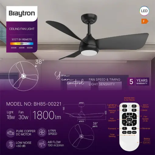 Ανεμιστήρας οροφής 30w + 18w 3CCT 1800lm με control Μαύρος Braytron BH85-00221BR