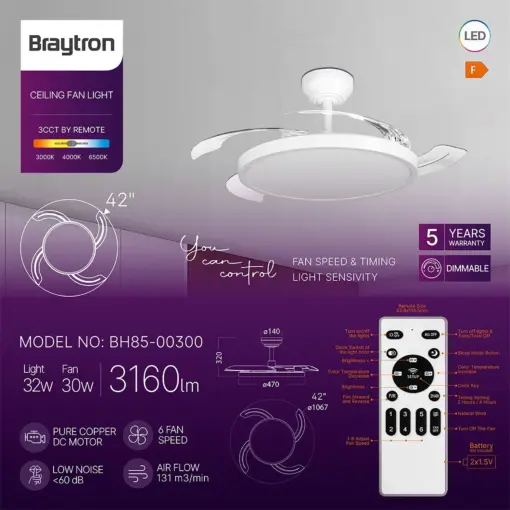 Braytron BH85‑00300 Ανεμιστήρας Οροφής 32W + 30W LED 3CCT 2600lm Ø1060mm Λευκός με Τηλεχειριστήριο