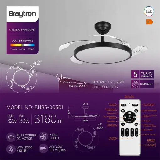 Ανεμιστήρας οροφής 30w + 32w 3CCT 3160lm με control Μαύρος Braytron BH85-00301BR