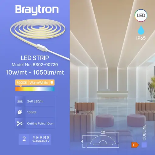 Ταινία led Cob 10w/m 1050 lm/m 220V IP65 3000k Braytron BS02-00720BR