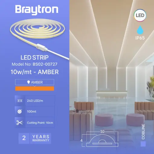 Braytron Ταινία LED COB 220V 10W/m 800lm/m IP65 Amber Πορτοκαλί BS02-00727