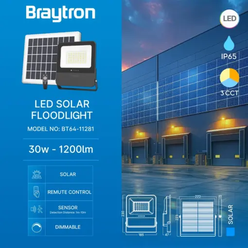 Προβολέας ηλιακός (solar) IP65 100w (30w) 600lm 3CCT Braytron BT64-11281BR