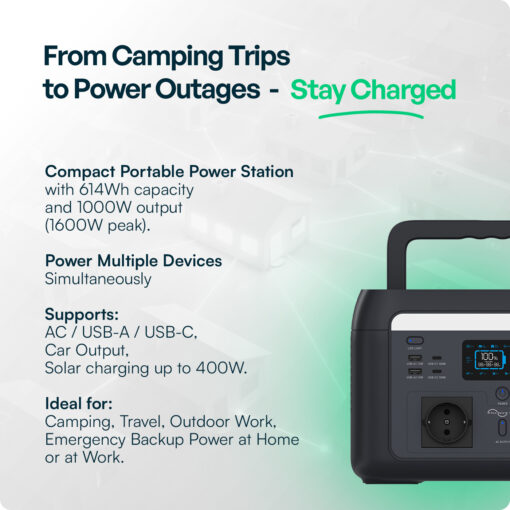 1000W Φορητός Power Station με Wi-Fi App 614.4Wh LiFeP04 Μπαταρία V-TAC 12706